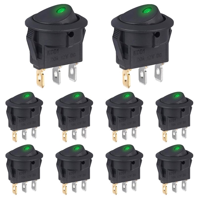 VEXUNGA Round Lighted Rocker Switch 12V 20A DC Green Led Light Circle Rocker Switches On Off 3 Pin Small Round Square Toggle Switch for Car Boat (Pack of 10pcs) - Image 1